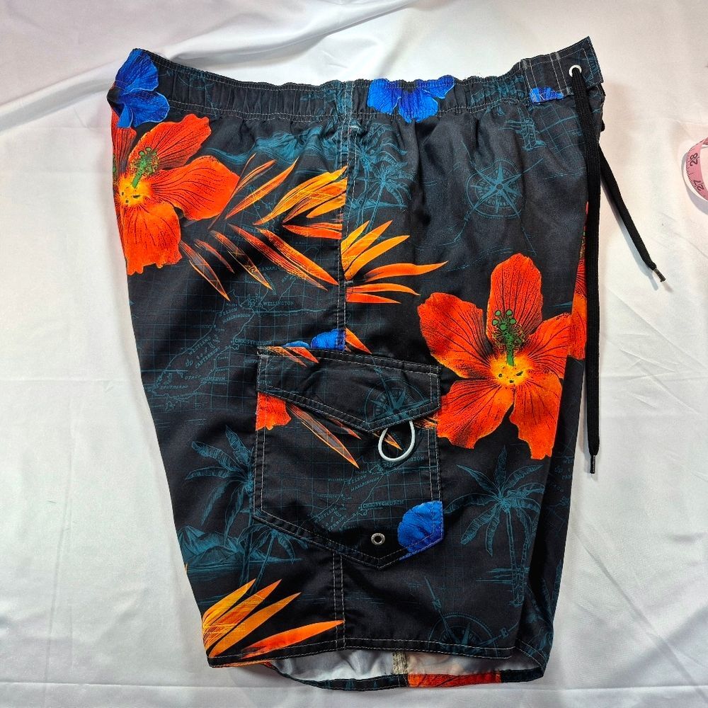 Newport Blue Men Swim Trunks Board Shorts Orange Blue Hibiscus Tropical Print XL